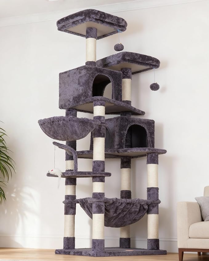 Heybly Cat Tree, 70 inches Tall Cat Tower condo with Toy for Indoor Large Cats, Cat House Furniture with Padded Plush Perch, Cozy Hammock and Sisal Scratching Posts,Smoky Gray HCT032G