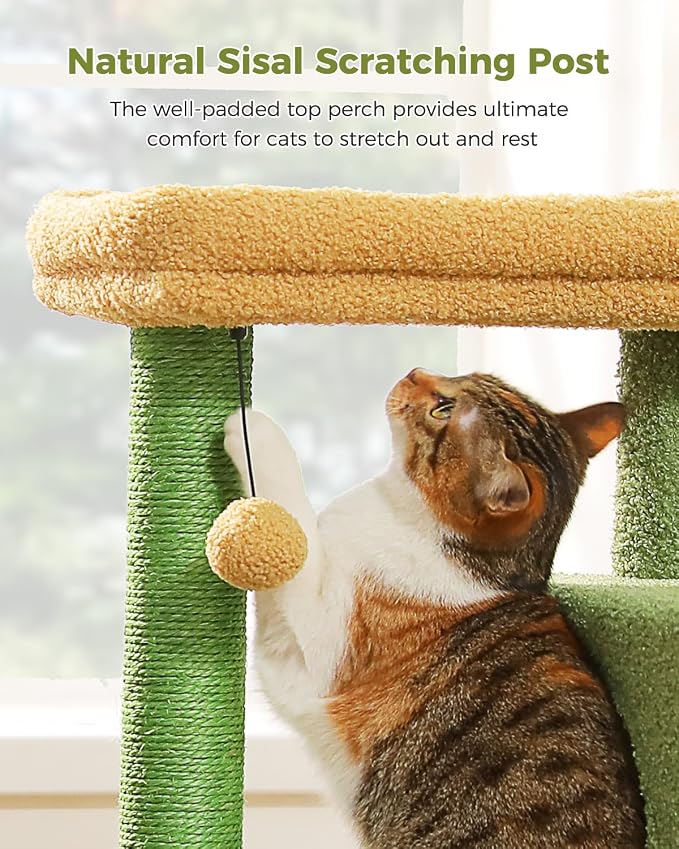 32" Cactus Cat Tree Tower for Indoor Cats - 2 Cozy Condos, Multi-Level Cat Scratching Posts with Sisal, Soft Padded Perch, 2 Dangling Toys, Green