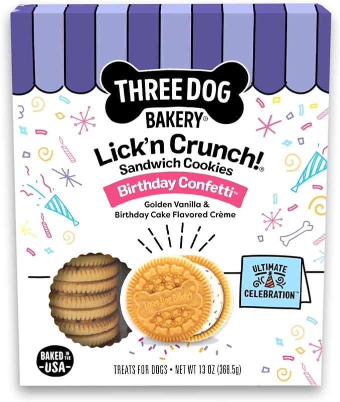 Three Dog Bakery Birthday Confetti Lick’n Crunch Dog Treats, Vanilla Sandwich Cookies with Cake-Flavored Crème Filling & Sprinkles, Oven-Baked Birthday Dog Cookies for Everyday Celebrations, 13 oz