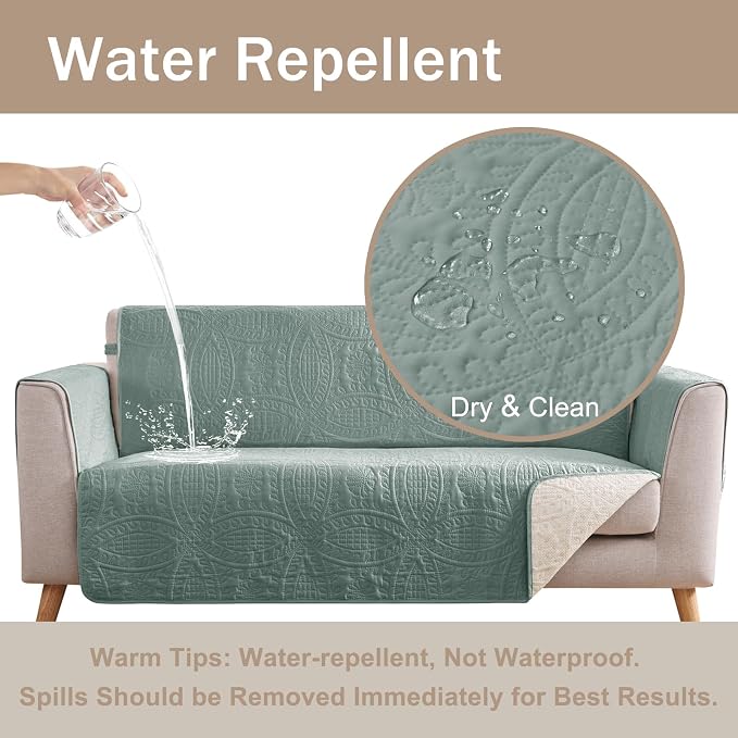 Quilted Recliner Covers, Water-Repellent Recliner Slipcovers, Recliner Covers Stay in Place, Pet Friendly Recliner Cover for Dogs, Washable Chair Protector (Recliner 22", Sage Blue)