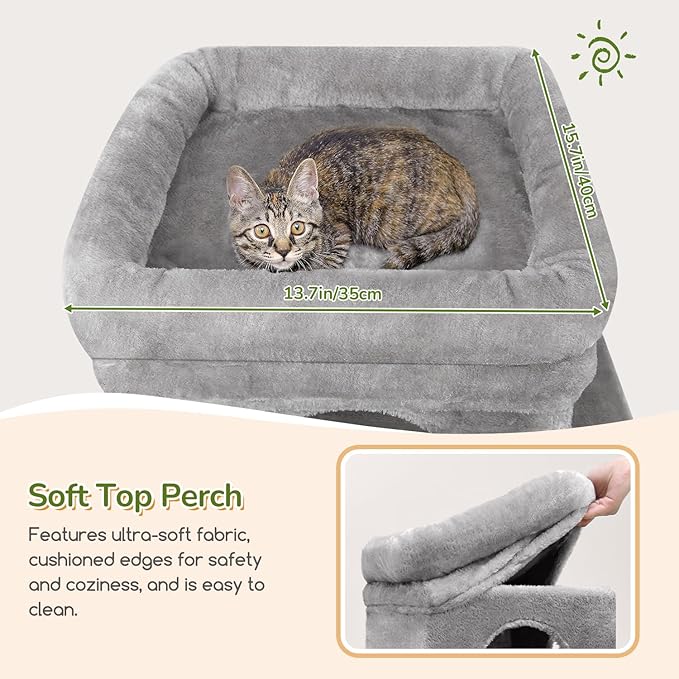Globlazer Heavy Duty Cat Tree for Indoor Cats Large Adult, F52B, Light Grey | 3 Condos, Extra-Large Baseboard, Removable Top Perch, 4 Sisal Posts & Board, Hanging Basket, Anti-Topple Strap, Easy Setup