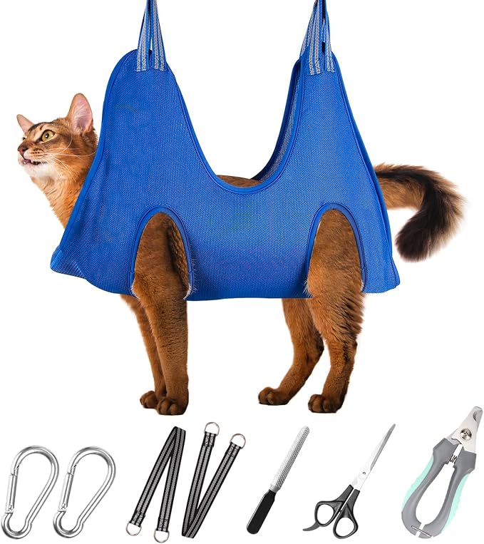 ATESON Pet Grooming Hammock Harness for Cats & XS Small Dogs, Dog Sling for Cutting Nails, Dog Hanging Holder Hanger for Nail Trimming with Nail Clippers, Nail File, Scissors