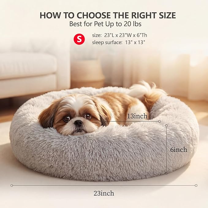 Calming Donut Dogs Beds for Small Dogs Washable,23inch Plush Round Pet Bed for Cozy Sleep,Fluffy Faux Fur Large Cat Bed,Fits up to 25 lbs Pets,Frost Grey