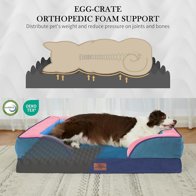 Comfort Expression Orthopedic Dog Bed for Large Dogs 36x27 Inch, Waterproof Egg Crate Foam Large Pet Bed with Bolsters, Dog Couch with Washable Cover & Non-Slip Bottom, Enchanted Cove