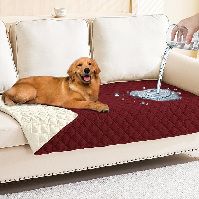 Smiry Waterproof Dog Bed Cover Pet Blanket, Soft Washable Dog Blanket for Furniture Bed Couch Sofa Reversible, Checkered (30"x70", Wine Red/Beige)
