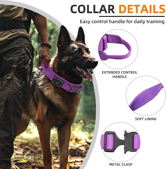 Tactical AirTag Dog Collar, 100% Waterproof Integrated Apple Air Tag Dog Collars with Hard PC AirTag Holder, Adjustable Military Collar with Handle, GPS Dog Collar for Medium Large Dogs(Purple,L)