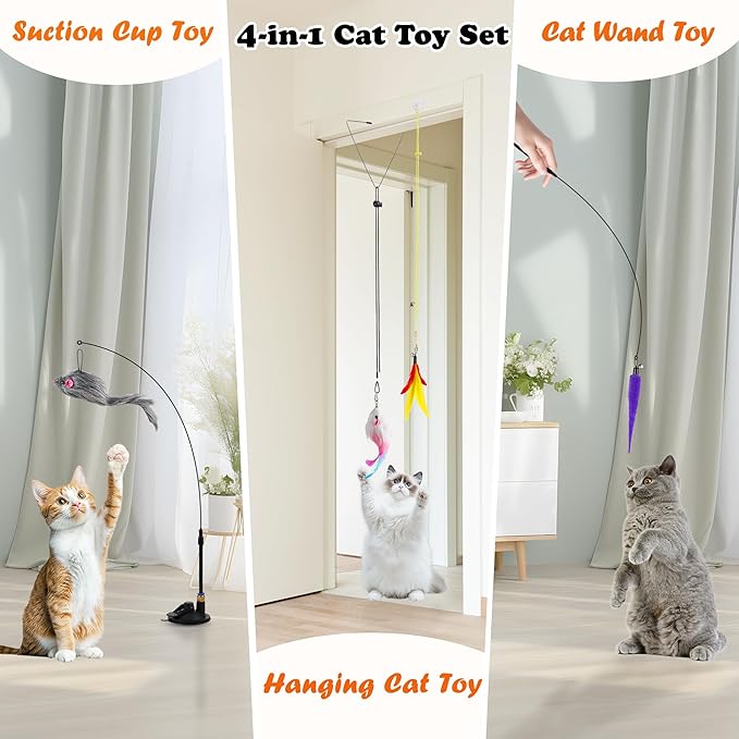 Soarer 4-in-1 Interactive Cat Wand Toy,12Pcs Durable Fishing Pole Cat Feathers Toys Replacements,Enhanced Suction Cup Cat Toy Floor,2 Types Door Hanging Cat String Toys for Indoor Kitten