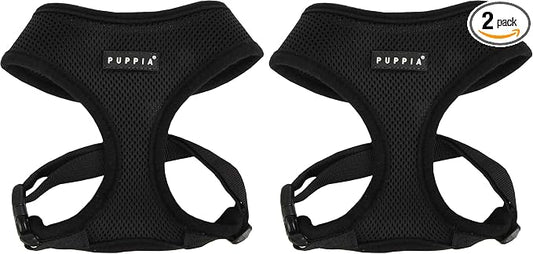 Puppia Soft Dog Harness No Choke Over-The-Head Triple Layered Breathable Mesh Adjustable Chest Belt and Quick-Release Buckle, Black, Small (Pack of 2)