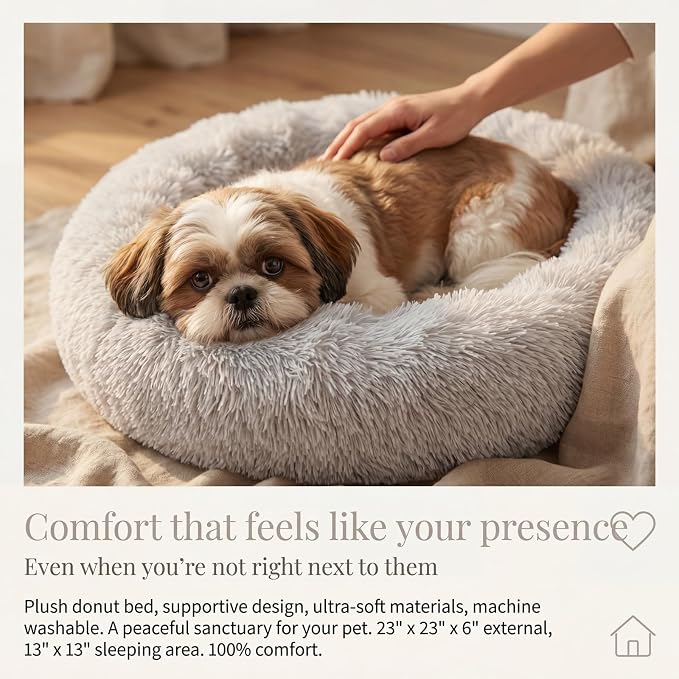 Calming Donut Dogs Beds for Small Dogs Washable,23inch Plush Round Pet Bed for Cozy Sleep,Fluffy Faux Fur Large Cat Bed,Fits up to 25 lbs Pets,Frost Grey