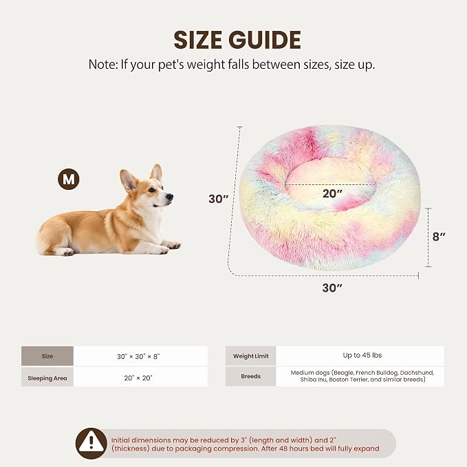 Donut Dog Bed Medium Size Dog, Round Cat Beds for Small Medium Dogs and Cats with Washable Fluffy Faux Fur, Cute Comfort Pet Bed with Anti-Slip Bottom, Rainbow, 30"