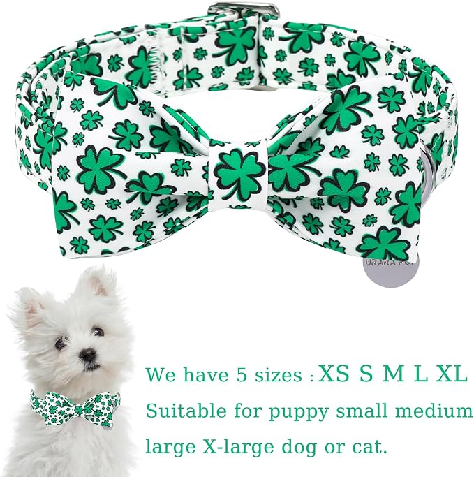 St. Patrick's Day Dog Collar with Bow Tie, Cotton St. Patrick's Day Bowtie Collar for Girl Boy Dog, Lucky Shamrock Dog Collar with Metal Buckle, Spring, L