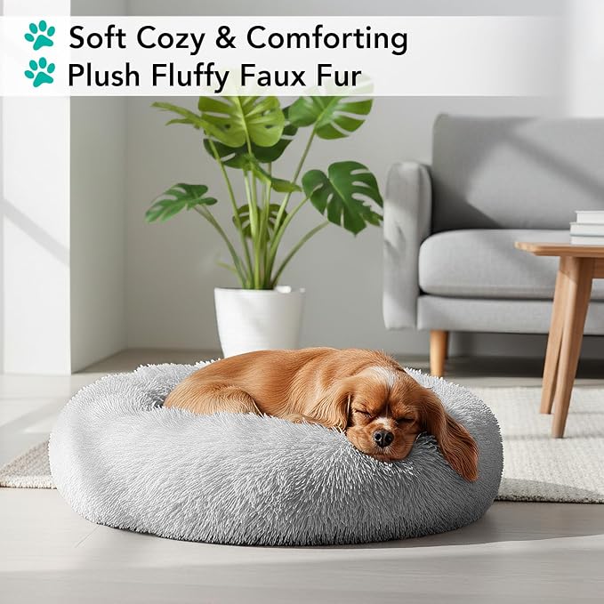PetAmi Calming Dog Bed for Small & Medium Dogs, Cats & Puppy, Warming Round Donut Cuddler Bed, Anti-Anxiety Fluffy Shaggy Faux Fur Pet Bed, Machine Washable, Non-Slip Bottom, 23 Inch - Light Gray