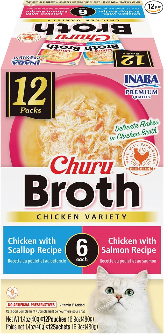 INABA Churu Broth for Cats, Side Dish Pouch, 1.4 Ounces per Pouch, 12 Pouches, Chicken Variety