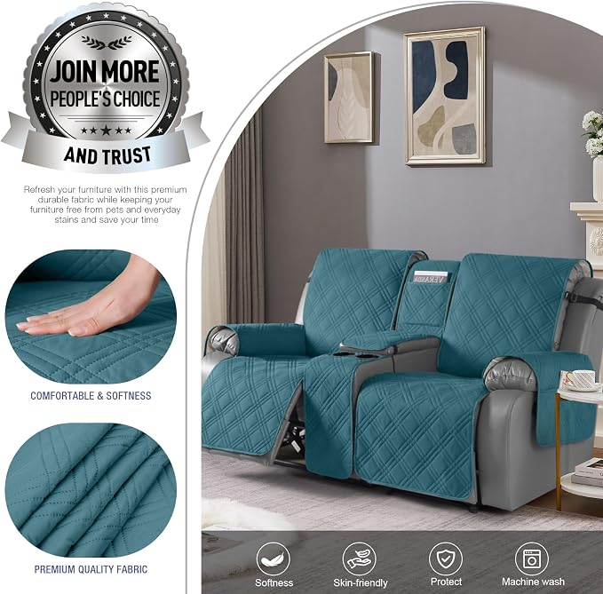 TAOCOCO Loveseat Recliner Cover with Center Console, 100% Waterproof Pet Cover for Dual Recliner with Straps Design, Split Reclining Loveseat Covers Furniture Protector (2 Seater, Peacock Blue)