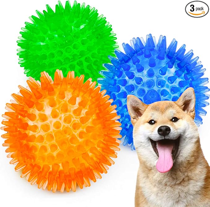 SHARLOVY Squeaky Balls for Dogs Small, Fetch Balls Rubber 3 Pack Bright Colors, TPR Puppy Dog Toys, Squeaky Spike Chew Toys for Small Puppy
