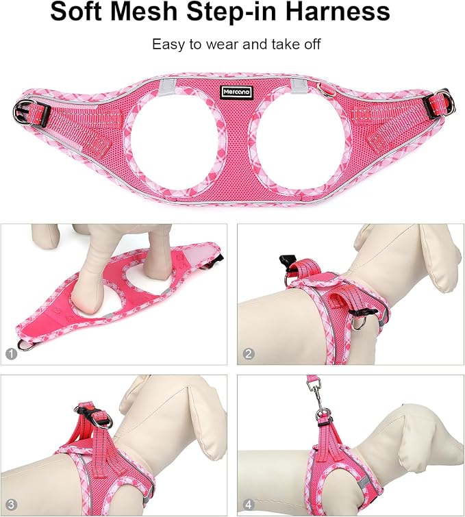 Mercano Soft Mesh Dog Harness and Leash Set, Step-in Reflective Breathable Lightweight Vest Harnesses with Safety Buckle for Small Dogs, Cats (XXS, Fuchsia)