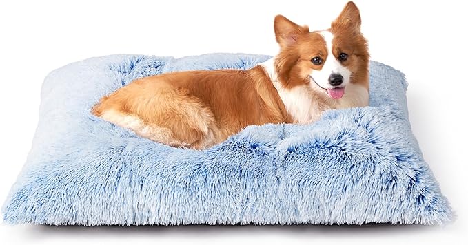 EHEYCIGA Fluffy Dog Crate Bed for Large Dogs, Plush Faux Fur Crate Pad, Calming Anti Anxiety Large Dog Bed, Washable Soft Warm Mat with Non-Slip Bottom, Blue
