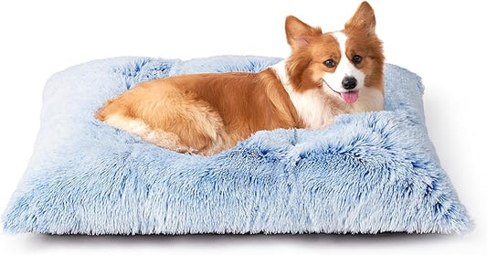 EHEYCIGA Fluffy Dog Crate Bed for Large Dogs, Plush Faux Fur Crate Pad, Calming Anti Anxiety Large Dog Bed, Washable Soft Warm Mat with Non-Slip Bottom, Blue