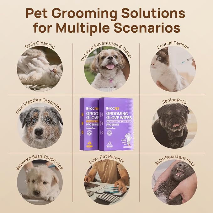 HICC PET Grooming Glove Wipes Pro – Pet Cleaning Gloves for Dogs & Cats – Infused with Coconut Oil & Plant Extracts – Hypoallergenic, Gentle, Spa-Like Care at Home, Portable 6 Pack - Coconut Scent