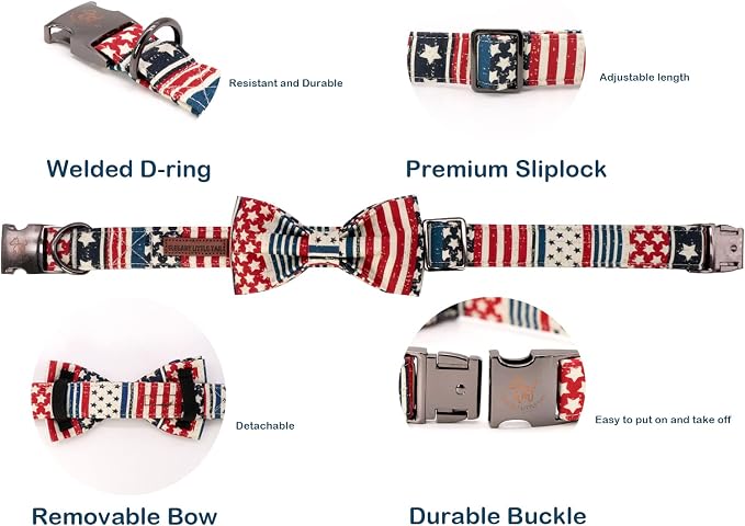 Elegant little tail Independence Dog Collar, July 7th American Flag Bowtie Puppy Collars, Hoiday Pet Collars Cute Pet Bowtie Dog Collar for Large Dogs