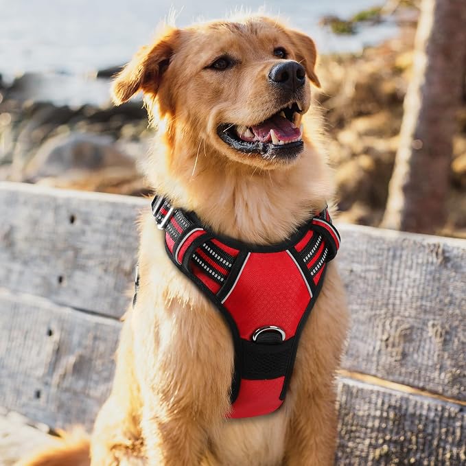 rabbitgoo Dog Harness for Large Dogs, 3 Buckles Easy On & Off No Pull Pet Vest, Soft Padded Walking Pet Harness with Control Handle, Adjustable and Reflective, Red, XL