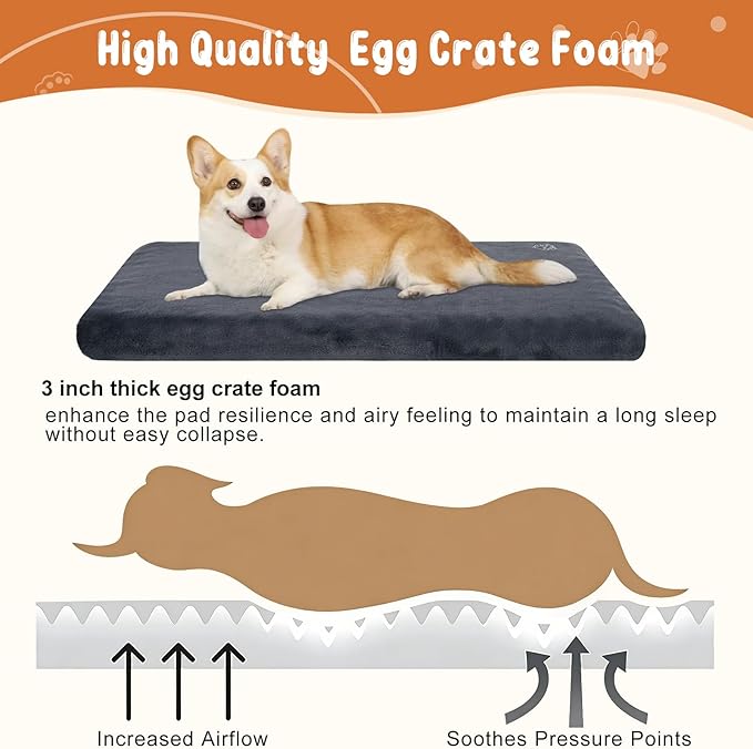 EMPSIGN Stylish Dog Bed Mat Dog Crate Pad Mattress Reversible (Cool & Warm), Water Proof Linings, Removable Machine Washable Cover, Firm Support Pet Crate Bed for Small to XX-Large Dogs, Grey
