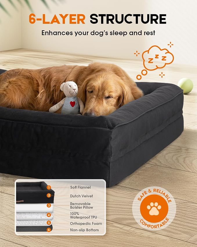 Upvilla Orthopedic Dog Bed XL, Four-Sided Cushioned Egg-Shaped Foam Dog Sofa, Waterproof Removable Cover, Pet Sofa Bed with Non-Slip Base, Extra Large Dog Bed,Black