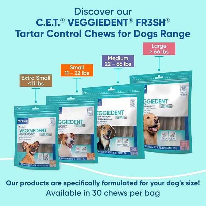 Virbac C.E.T.® VEGGIEDENT® FR3SH® Tartar Control Chews for Dogs with digestive health support, VOHC Approved, Small 11-22lbs