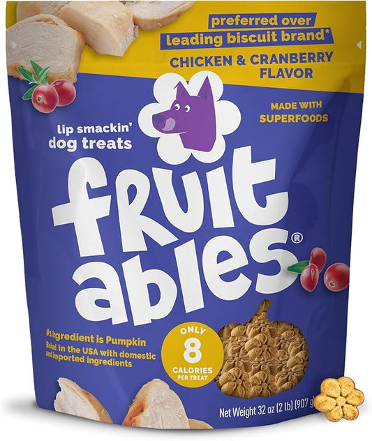 Fruitables Baked Dog Treats, Healthy Pumpkin Treat for Dogs, Low Calorie & Delicious, Made Without Wheat, Corn and Soy, Made in the USA, Allergy Friendly, Chicken and Cranberry Flavor, 32 oz