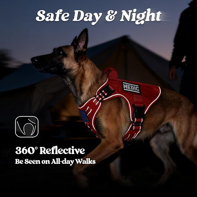 rabbitgoo Tactical Dog Harness for Large Dogs, No Pull Upgraded Reflective Heavy Duty Molle Vest with Handle, Adjustable Military Service Dog Vest for Walking Hiking Training, Red, L