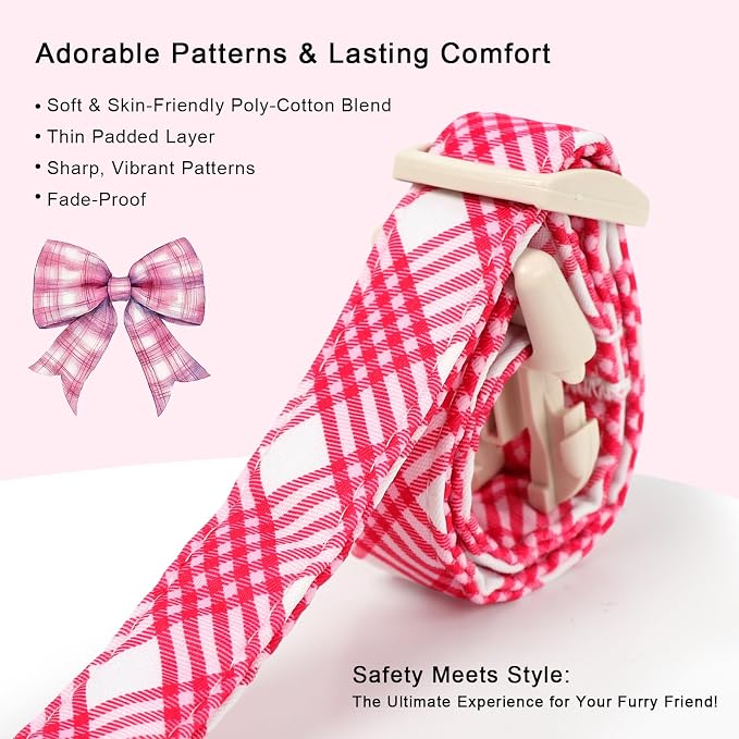 Girl Dog Collar, Bright Pink Glen Check Dog Collars for Puppy Small Dogs - Cute Spring Summer Plaid Pup Collar, Soft Adjustable Female Dog Collars with Quick Release Buckle XS