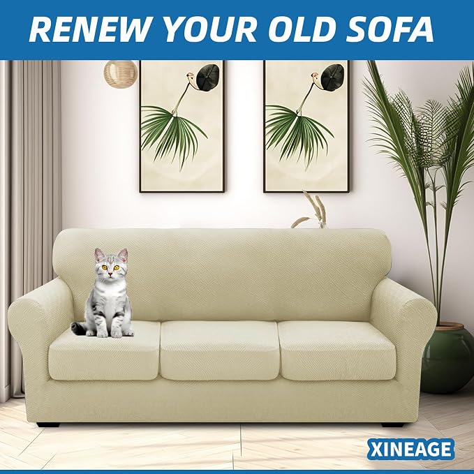XINEAGE New 4 Pieces Extra Large Couch Covers for 3 Cushion Sofa Super Stretch Sofa Cover for 3 Large Seat Cushion Universal Slip Cover for Living Room (Light Beige), 91"-110"(3 Cushions)