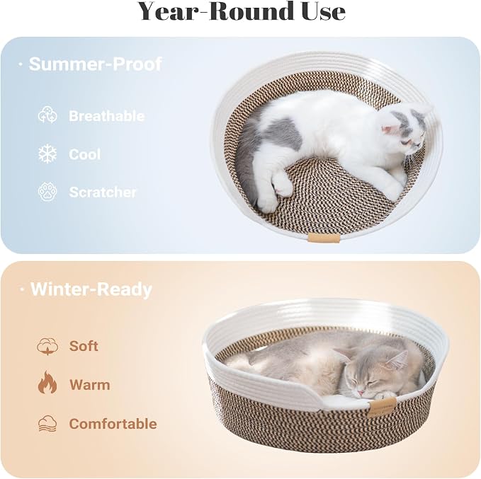 CHEERHOME PETS Cat Bed Basket with Cushion, Cotton Rope Woven Pet Bed for Indoor Cats Couch, Stimulicat Cat Bed Handwoven Breathable, All Season Universal (Brown)