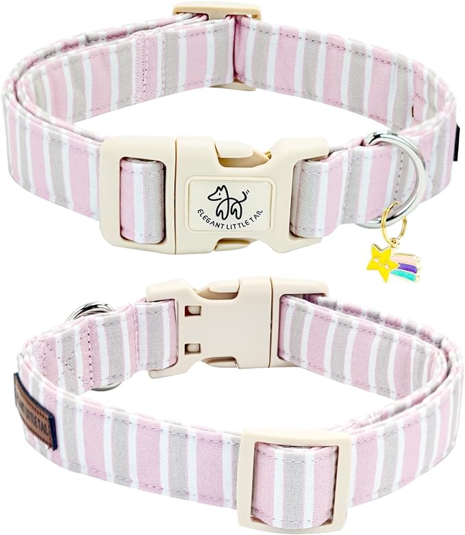 Elegant little tail Dog Collar, Cute Pink Strip Pattern Pet Collars Soft Girl or Boy Adjustable Cotton Puppy Collar with Quick Release Buckle for Small Puppy
