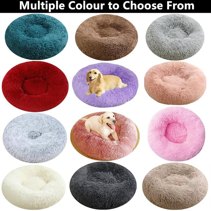 Calming Donut Dog Bed, 24 Inch Round Fluffy Cats Beds for Small Medium Dogs and Cats, Washable Anti-Anxiety Plush Dogs Beds Mute Base Warming Cozy Soft Pet Puppy Bed, Purple