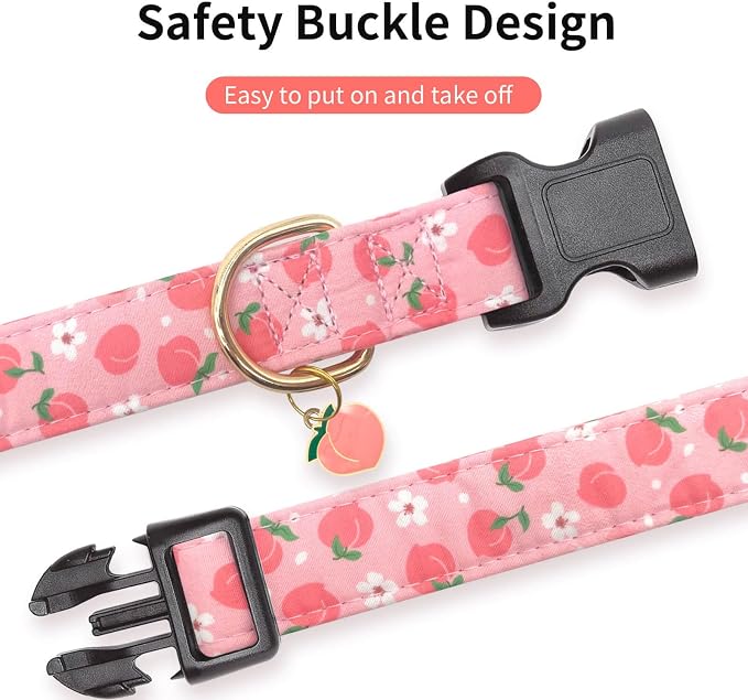 Cotton Dog Collar,Soft and Cute Puppy Collars with Dinosaur Patterned Design for Girl Female Boy Dogs,Adjustable Buckle Pet Collar for Small Medium Large Dogs (Pink Peach, L)