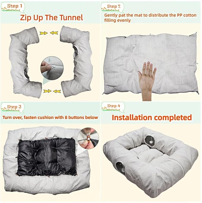 XxingSheep 4 Cave Premium Hemp Fabric XL Cat Tunnel Bed for Indoor Cats Cat Toys Cave Donut with Soft Mat