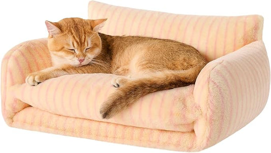 Hollypet Cat Bed Fluffy Plush Multifunctional Double-Layer Machine Washable Soft Warming Kitty Pet Couch Orthopedic Nest Beds for Small Cats Kitten and Dogs up to 13lbs, Pink Stripes(21x15x8 inch)