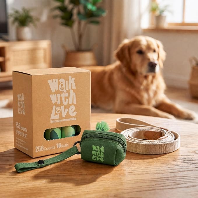 Poop Bags for Dogs, Leak Proof and Landfill Friendly Waste Bags for Dog Walking and Cats Litter, Fits Leash Dispenser, Unscented, 256 Bags（16 Rolls × 16 Bags), Green