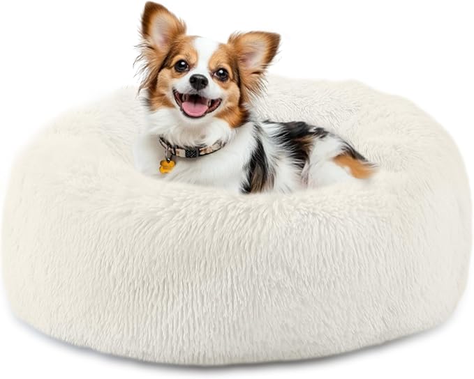 Bunlitent 20'' inch Calming Dog Bed, Anti-Anxiety Donut Small Dog Bed, Warming Cozy Soft Cute Round Washable, Marshmallow Cuddler Nest Puppy Dogs and Cats Bed, White