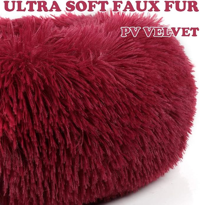 otoez Kitten Puppy Bed Extra Small XS Round Dog Cat Beds Anti Anxiety Plush Pet Calming Donut Bed with Non-Slip Waterproof Bottom, Washable (15.7", Dark Red)