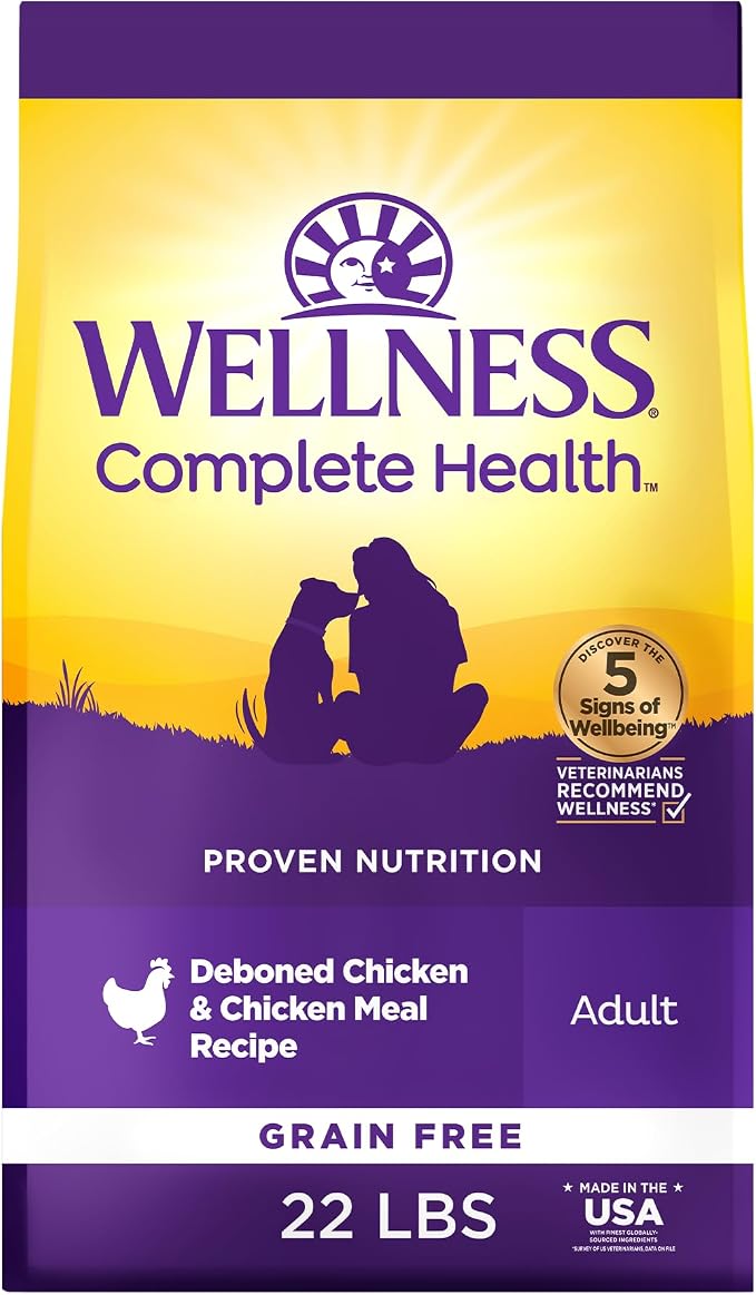 Wellness Complete Health Adult Dry Dog Food, Grain Free Kibble, Natural, Chicken Recipe, 22 lb Bag