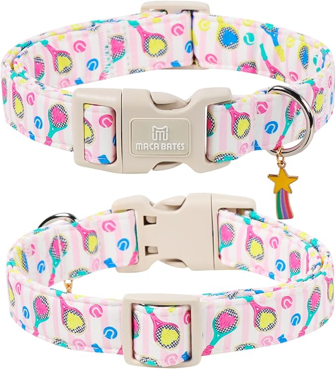 Maca Bates Dog Collar with Racket Charm for Large Girl Boy Dogs,Tennis BowPattern,Pretty Adjustable Durable Collars Pink Gift for Male Female Puppy