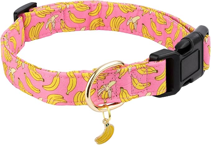 Cotton Dog Collar,Soft and Cute Puppy Collars with Banana Patterned Design for Girl Female Boy Dogs,Adjustable Buckle Pet Collar for Small Medium Large Dogs(Pink Banana, L)