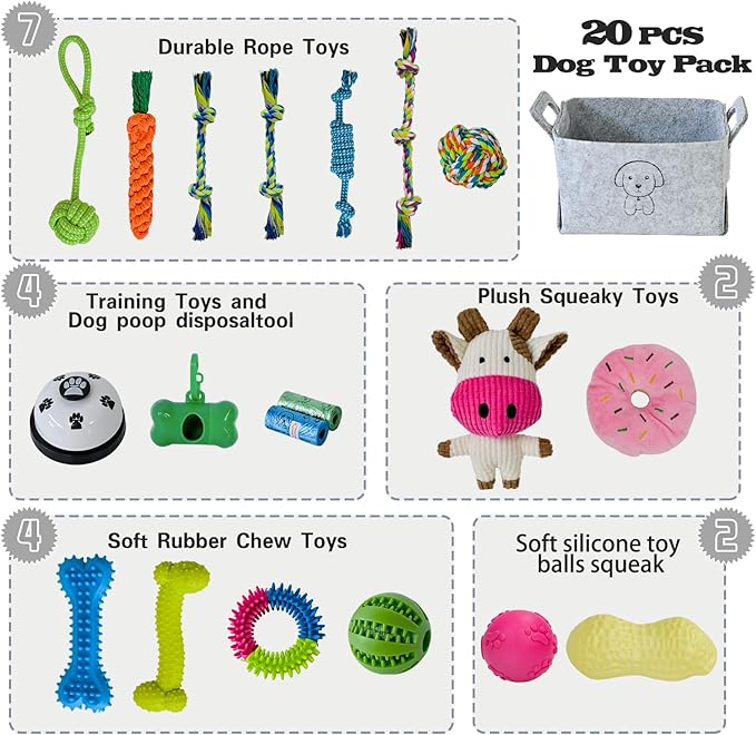 MRSOHRET 20Pcs Puppy Chew Toys for Teething, Dog Chew Toys with Rope Toy, Pet Dog Toothbrush, Treat Balls, Plush Toys and Squeaky Toys for Small Medium Dogs with Basket