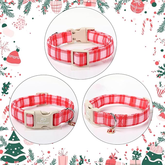 Plaid Dog Collar - Cute Red and Pink Plaid Puppy Collar with Safety Buckle, Soft Adjustable Holiday Dog Collars for Small Medium Large Dogs S