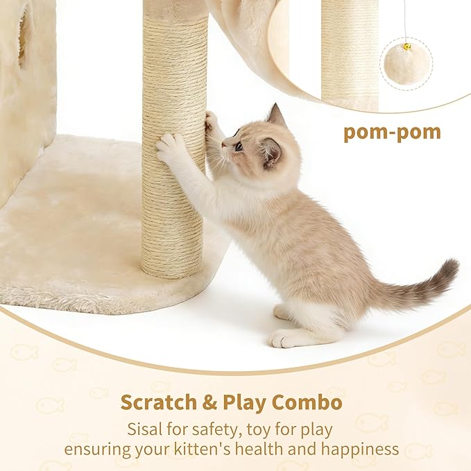 Heybly Cat Tree, 26.3-inch Cat Tower with Spacious Top Perch for Large Cats, Stair-Style Cat House Furniture with Dual-Layer Condos, Sisal Scratching Posts, Cozy Basket & Pompom, Beige HCT204SM