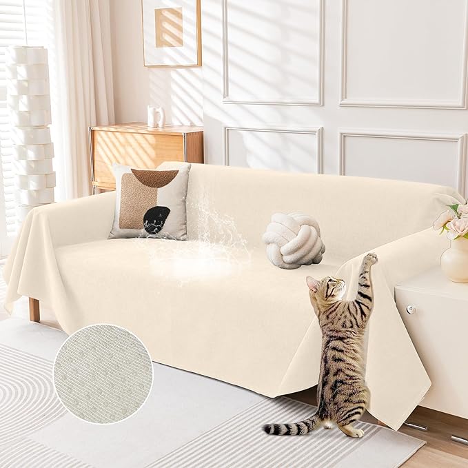 Deep Dream Cat-Scratch Resistant Couch Cover, Waterproof Sofa Cover for 3 Cushion Couch Washable, Pet Friendly Couch Protectors Anti Slip Thickened Sofa Slipcovers for Dogs Pets, 71" x 134", Beige