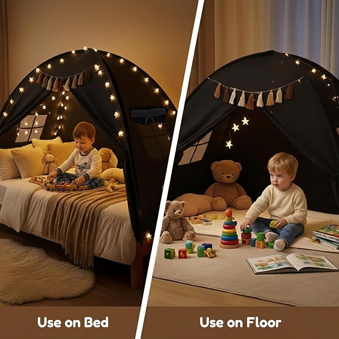 Gorich Twin Bed Tent for Kids, Indoor Privacy Toddler Sleeping Canopy with Mesh Window, Fits Bunk or Floor Bed, Include Star Lights & Tassels, Cozy Playhouse for Boys Girls Birthday