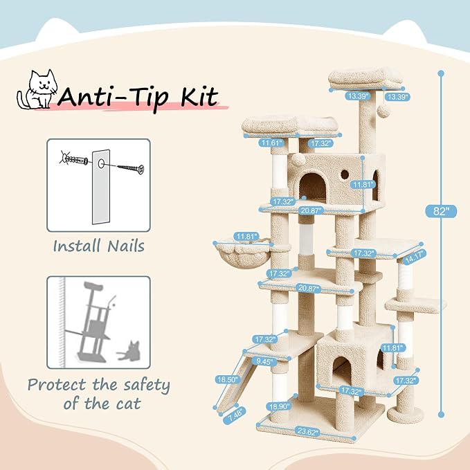 SHA CERLIN 82 inch, Multi-Level Cat Tree Tower for Indoor Cats, Cat Condo with Sisal Scratching Posts, Plush Perches, Hammocks, Toy Balls, Beige